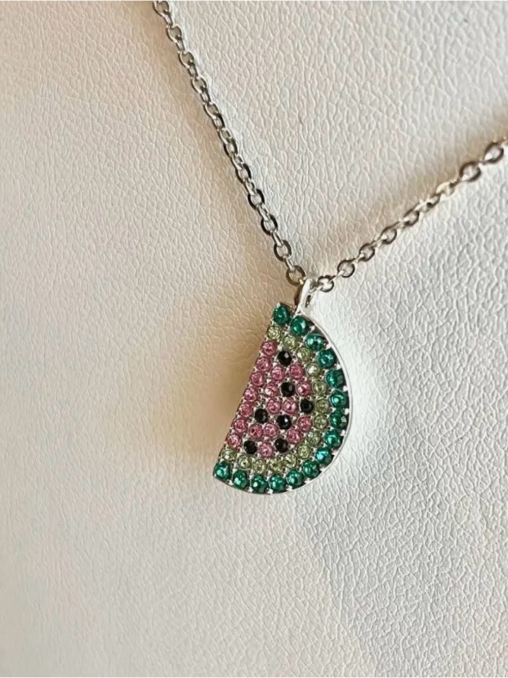 Silver Watermelon Slice Pendant Necklace with Pink & Green Crystals